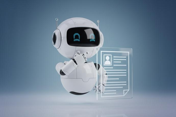 KI im Recruiting: Das Bild zeigt einen Roboter, der einen Lebenslauf liest.