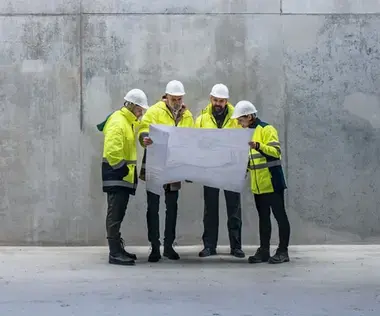 Solving business challenges with interim management: The picture shows workers studying a construction plan.