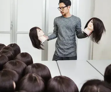 Interim Management Human Resources: The picture shows a man with wig heads in both hands and with others in front of him.