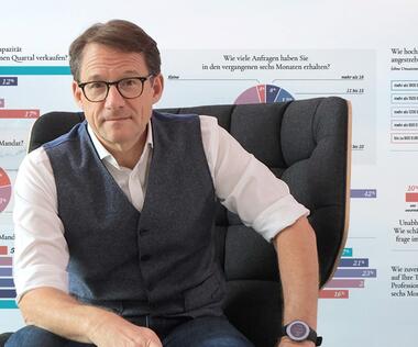 Tilo Ferrari, CEO Deutsche Interim AG, sitzt auf einem Sessel vor den Ergebnissen des di-Trendbarometers