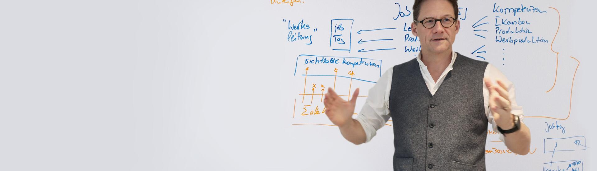 Deutsche Interim AG CEO Tilo Ferrari stands in front of a whiteboard and explains something.