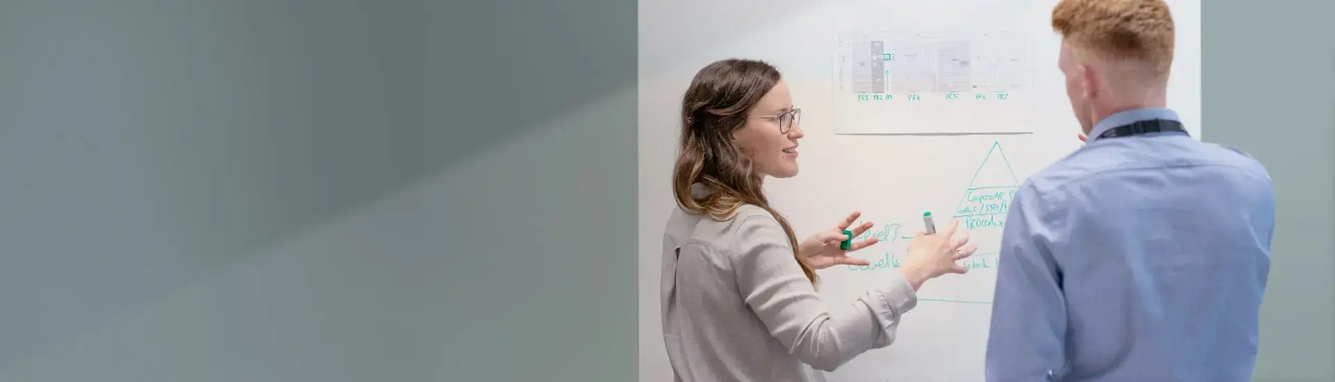 Das Bild zeigt zwei Finanzmanager vor einem Whiteboard.