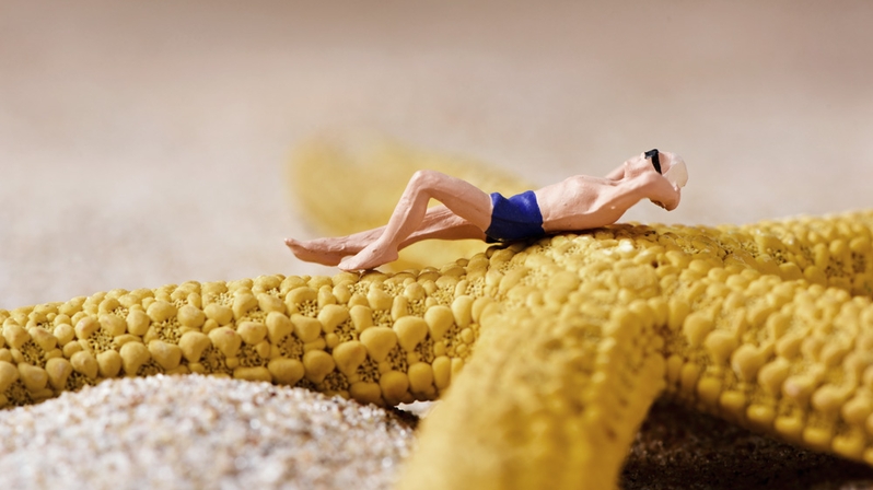 Umgang mit Low Performern: Das Bild zeigt eine Figur, die auf einem Seestern ein Sonnenbad nimmt. 