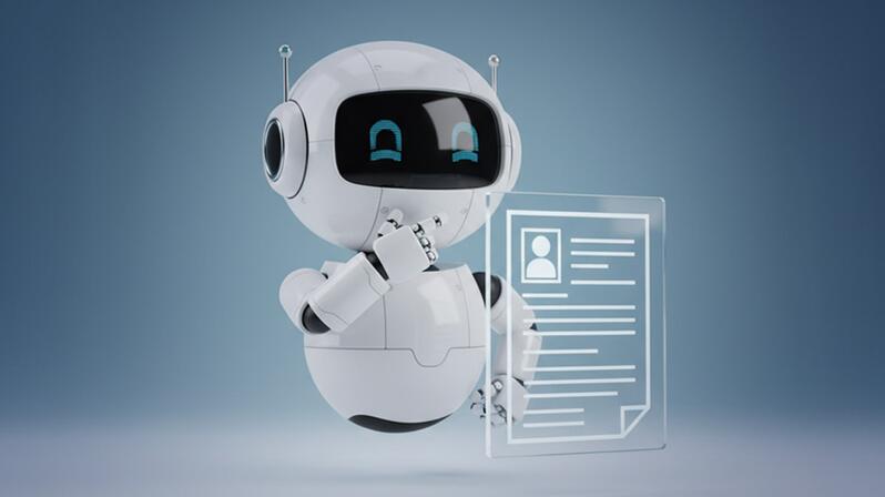 AI in recruiting: The picture shows a robot reading a CV.