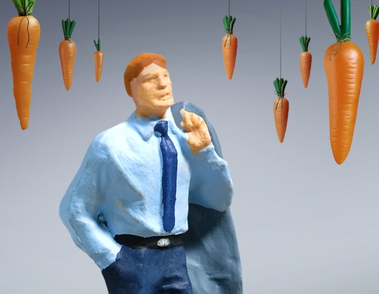 Das Bild zeigt die Figur eines Interim Managers inmitten hängender Karotten.