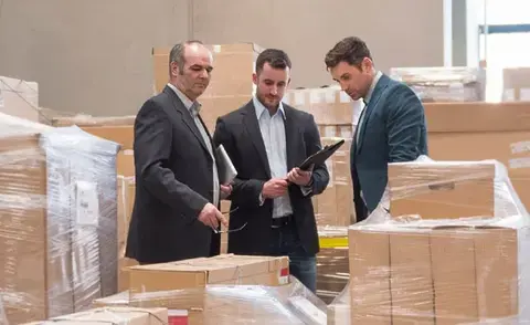 Interim sales management: The picture shows sales managers between parcels in a dispatch warehouse.