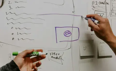 Interim management: The picture shows a labeled whiteboard on which ideas are collected.