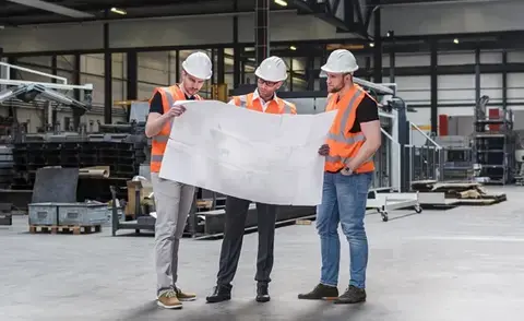Interim Management Operations: The picture shows three men in work clothes in a production hall.