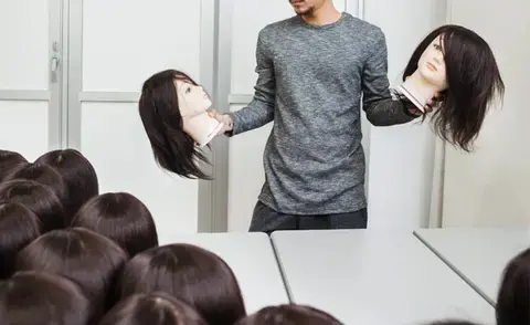 Interim Management Human Resources: The picture shows a man with wig heads in both hands and with others in front of him.